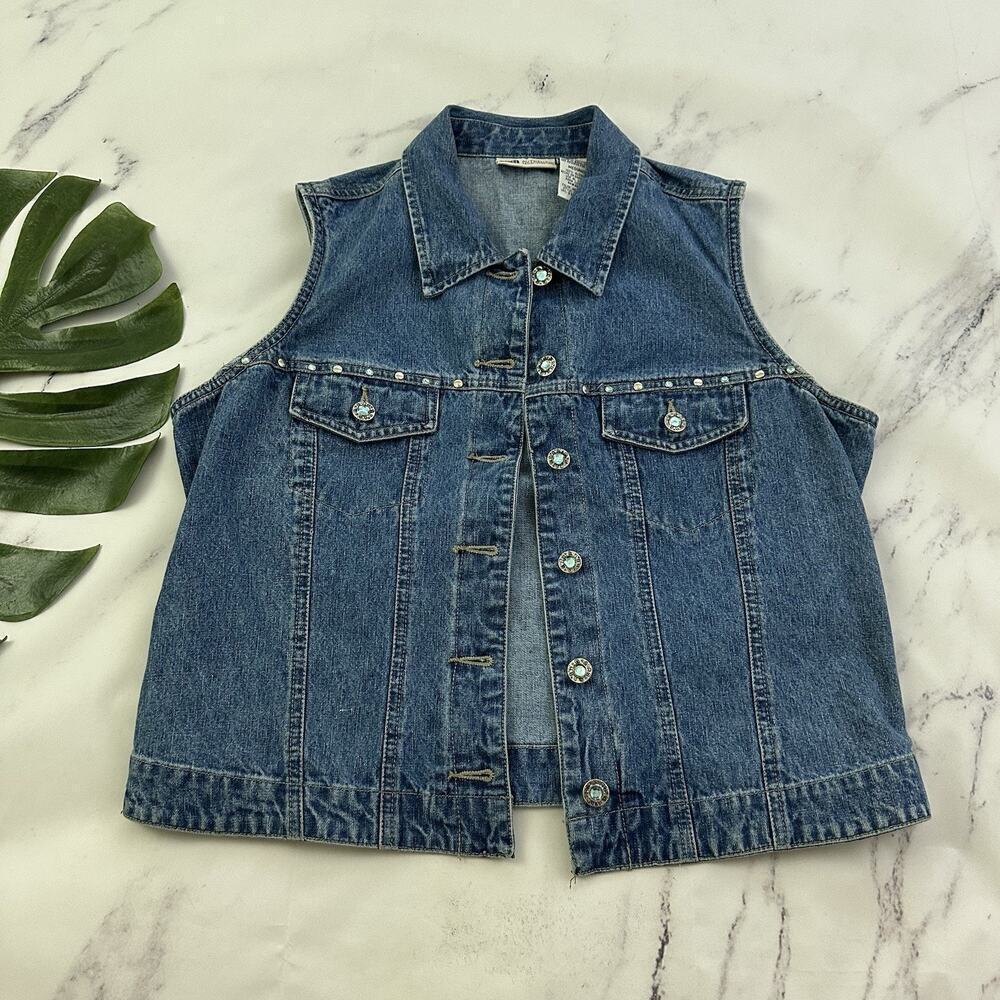 Faded Glory Womens Vintage Y2k Denim Vest Size M Rhinestone Trim Stonewash Jean